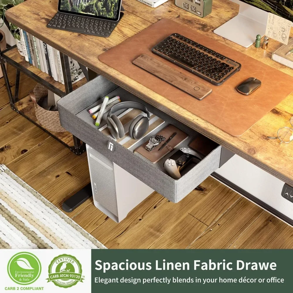 Mesa ereta ergonômica com gaveta, mesa do computador, altura ajustável, marrom rústico, 55x24 polegadas