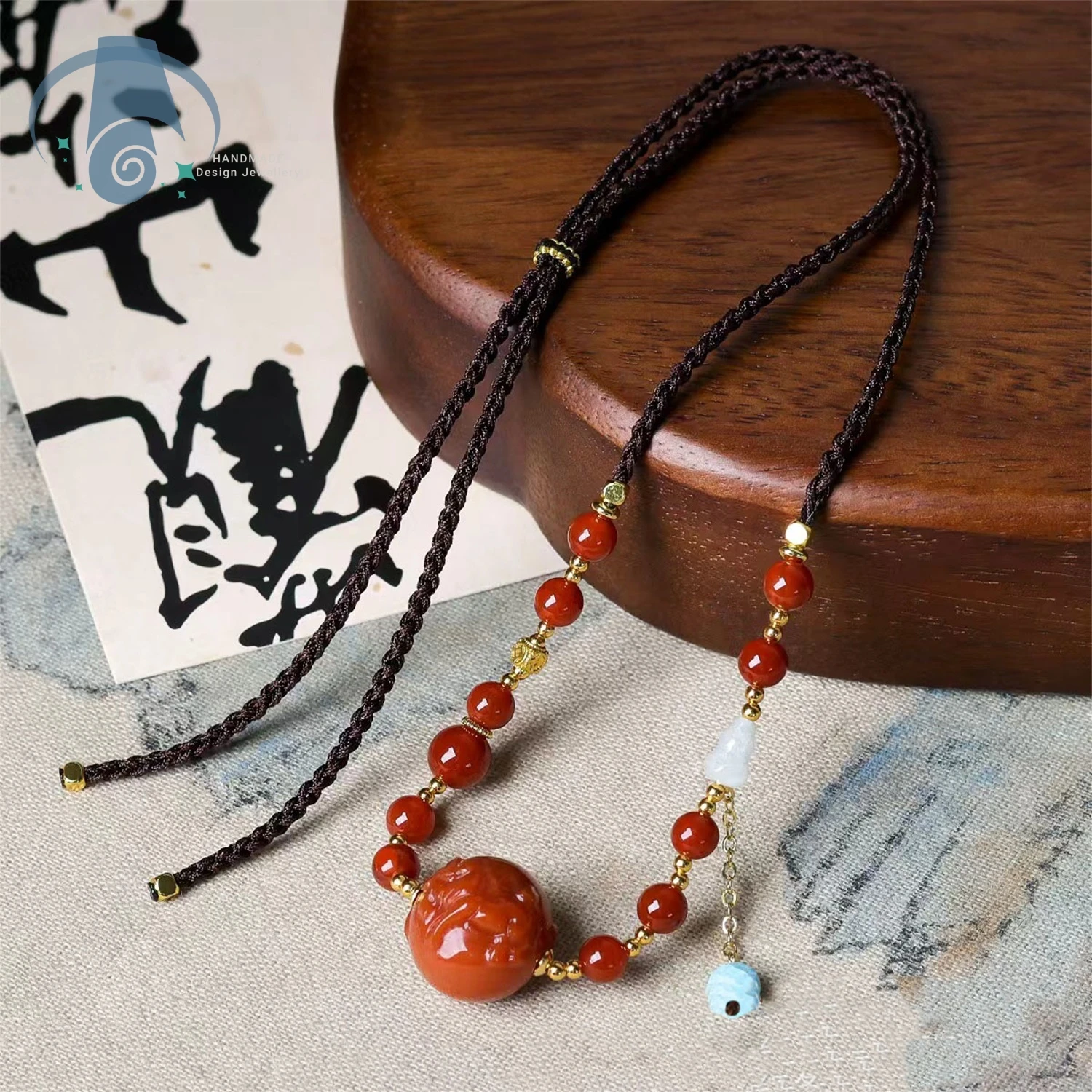 Natural Nanhong Agate Jade Gourd Pendant Necklace with Cinnabar Beads Adjustable Corded Elegant New Jewelry Gift for Women Daily