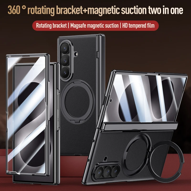 For Samsung Galaxy Z Fold 8 Ultra 5G Case Matte Leather Hinge Rotating Bracket Magnetic Wireless Charging With Mirror Film Cover