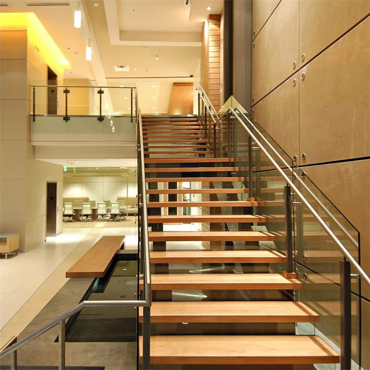 Easy Metal Wood for Second Floor Indoor Straight Wood Staircase Central Stringer Durable Iron Steel with Glass Railing