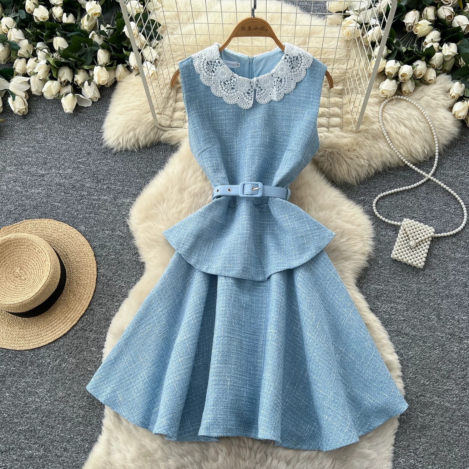 Elegant Ladies Tweed Sleeveless Dress Lace Doll Collar Peplum Layered A‑line Midi Dress Belt Office Business Party Dress