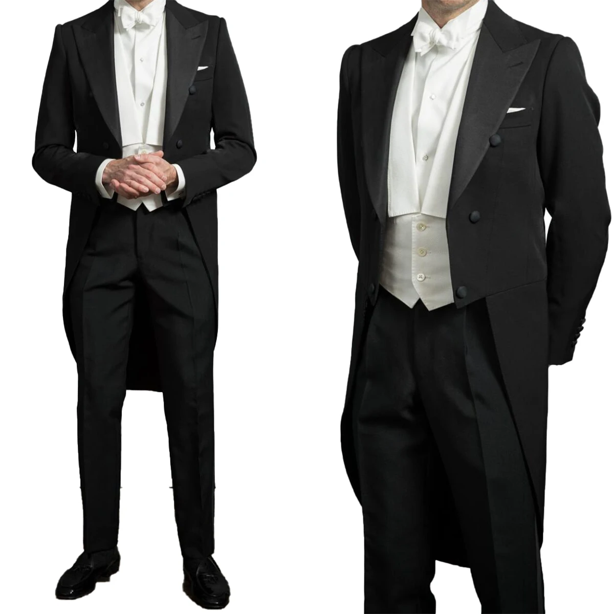 Black Wedding Suits For Men Tailored Tuxedo Formal Wear Peaked Lapel Tailcoat Blazer Sets 2 Pcs Prom Show Costume