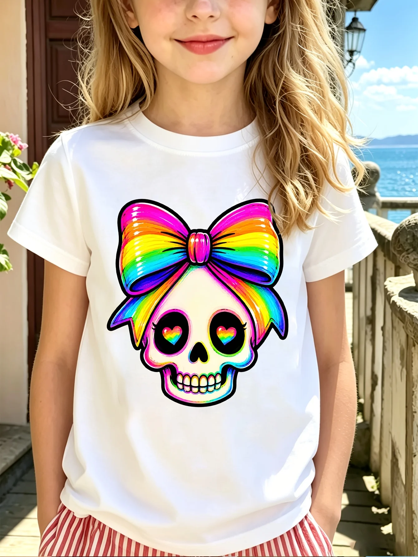 Rainbow Bow Skull Kids Tee Cute Heart Eyes Skeleton Graphic Print Boys Girls Family Matching Cotton Short Sleeve Children Tshirt