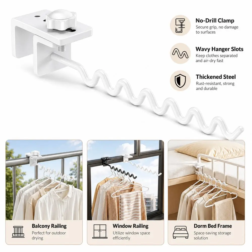 Adjustable Clamp-On Clothes Rack Space-Saving Wavy Hanger Slots Hanging Clothes Rail No-Drill Installation Clothes Drying Rack