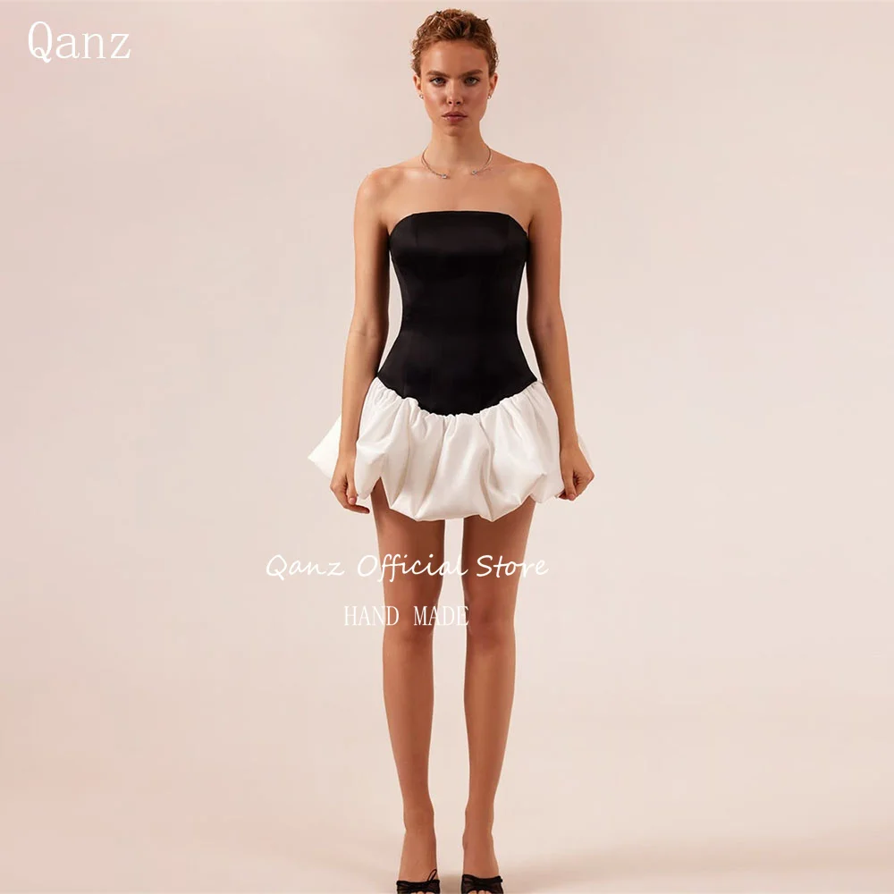 

Qanz Sexy Strapless Satin Mini Prom Dresses Open Back Lace Up Back Party Dresses Black/White Vestidos De Fiesta Customized