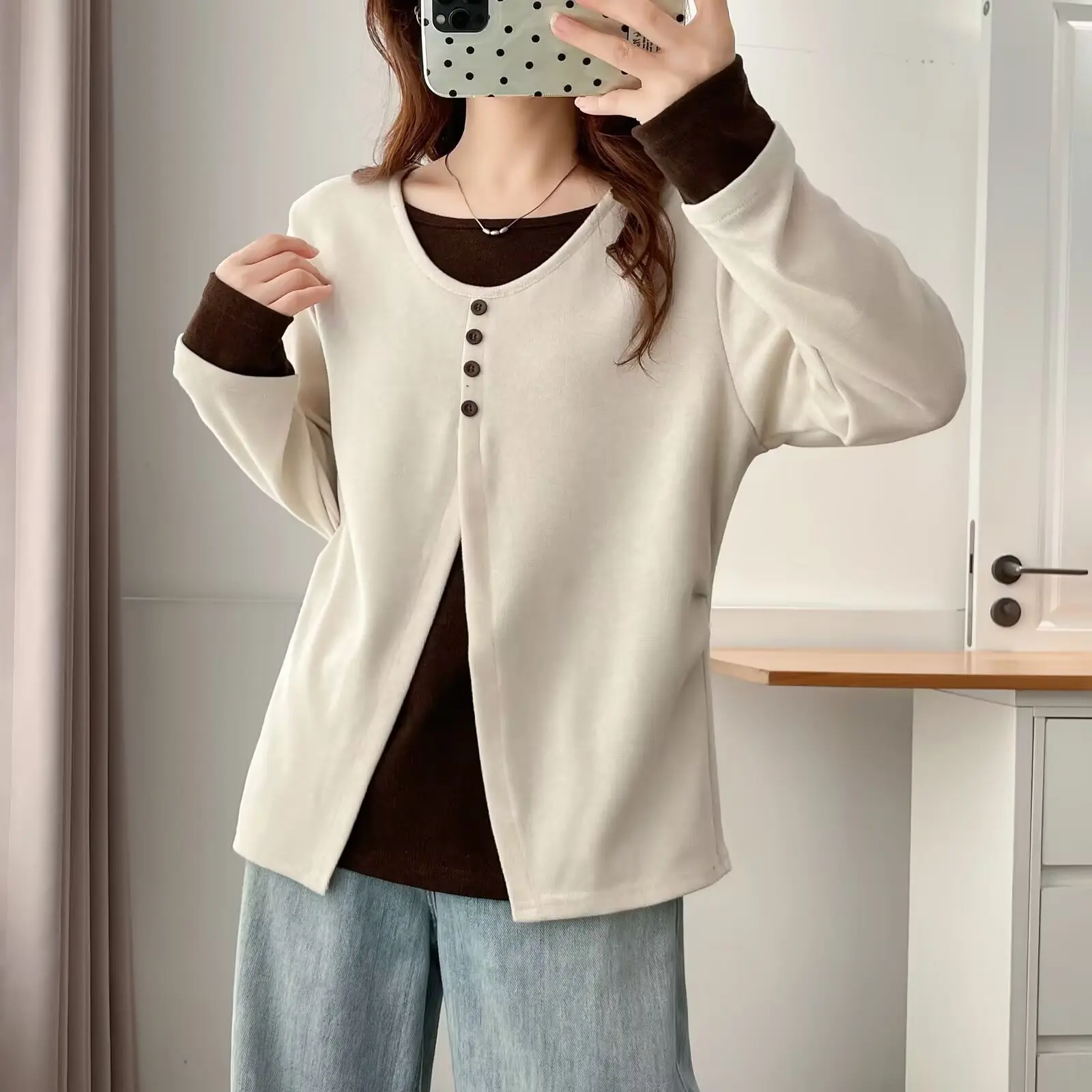 

Модные женские футболки больших размеров с длинными рукавами, осенние стильные топы из двух предметов 2536