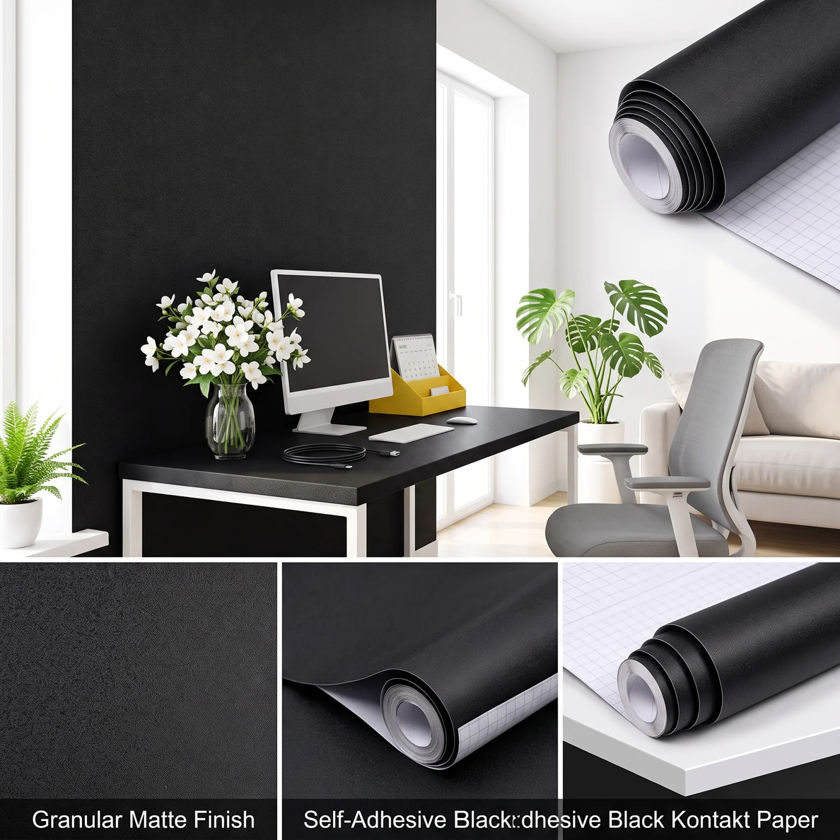55cm Width Black Matte Vinyl DIY Contact Paper Self Adhesive Waterproof Wall Stickers for Cabinets Living Room Home Decoration
