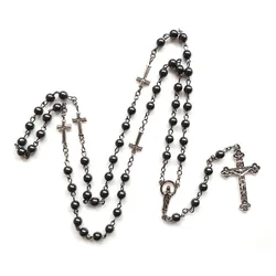 QIGO Vintage Hematite Rosary Catholic Long Jesus Cross Virgin Necklace Pendant For Men Women Religious Jewelry