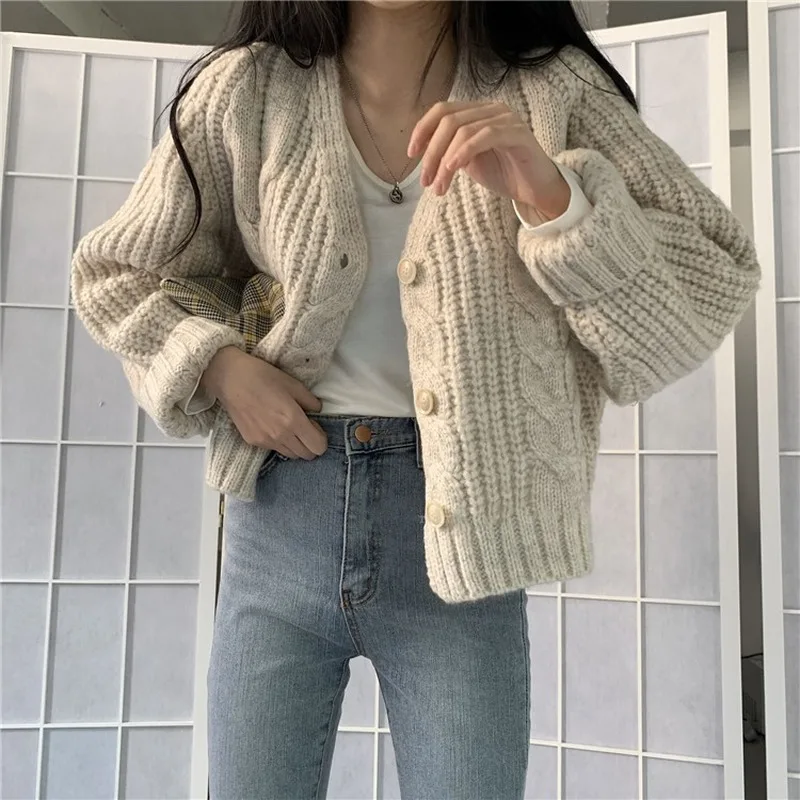 Korean Fashion Ladies Knitwears New 2023 Autumn Winter Womens Sweaters Vintage V-Neck Buttons Cardigans Shorts Large Beige