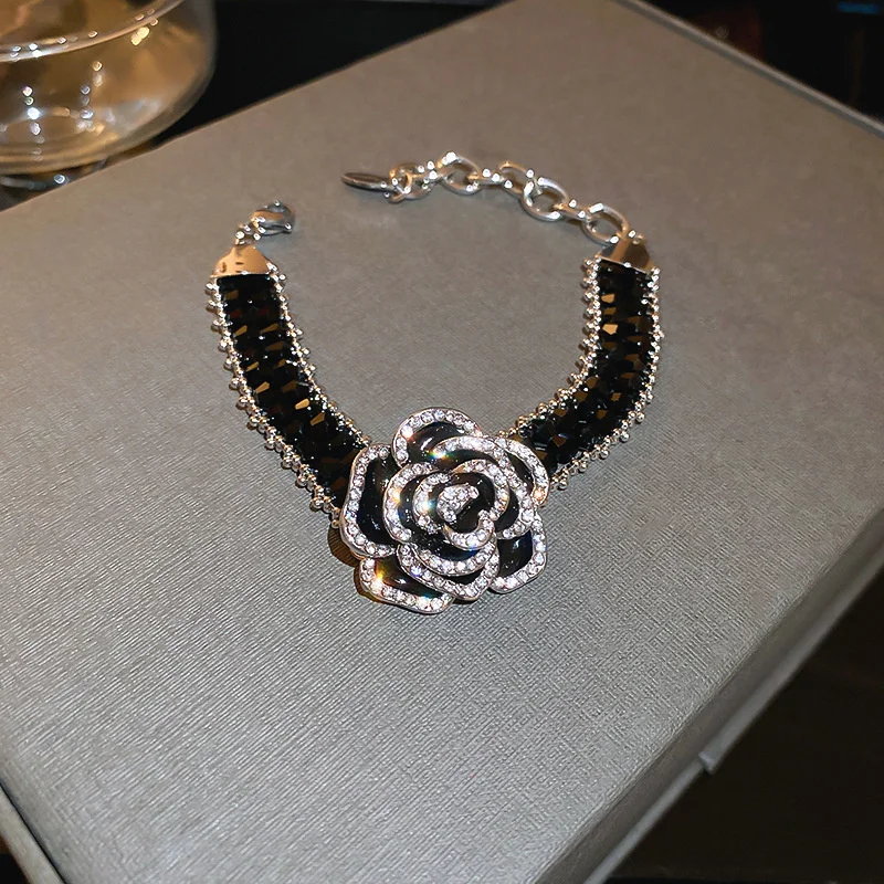 FYUAN Fashion Camellia Flower Bracelet Women Black Crystal Chain Bracelets & Bangles Weddings Party Jewelry