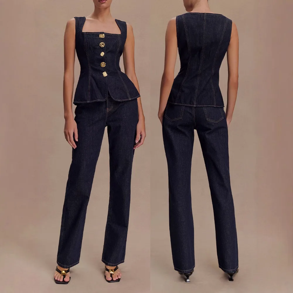 

Весенне-летний женский современный стиль, квадратный воротник на пуговицах, без рукавов, джинсовый топ с высокой талией и прямые джинсы, комплект из двух предметов
