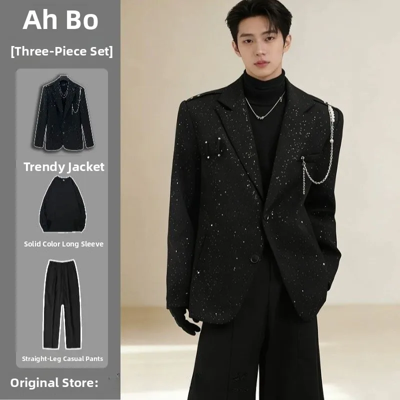 

Ele Pearl Pendant Design Men's Suit Jaet Stage Faion Trend Bla Tuxedo Coat Double Slit Stand Fit Polyester Fiber