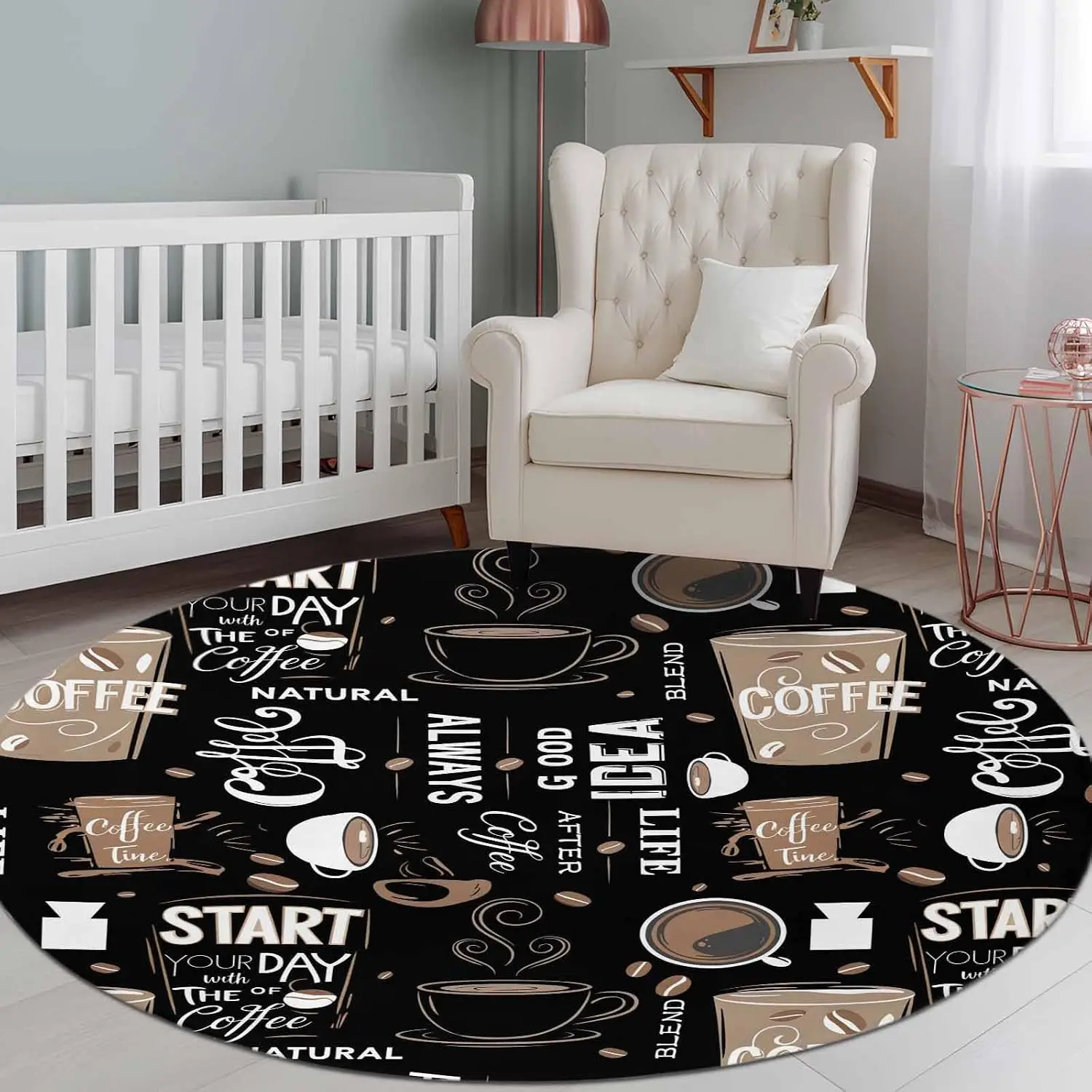 Round Area Rug Cafe Coffee Cup Retro Brown Indoor Carpet for Living Room Bedroom Nursery, Graffiti Letter Back Washable Non-Slip