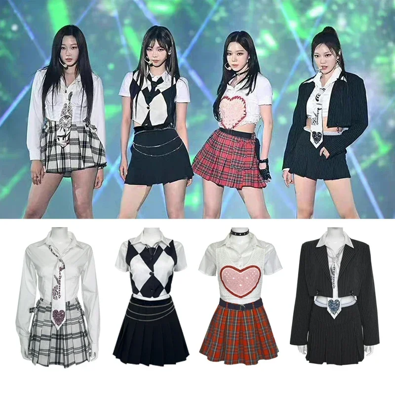 Roupas de Dança Listradas da Menina Kpop, Mini Saia Preta, Traje Sexy Feminino, Cantora Kpop Menina, Dançarina, Palco Show Roupas, Y2K