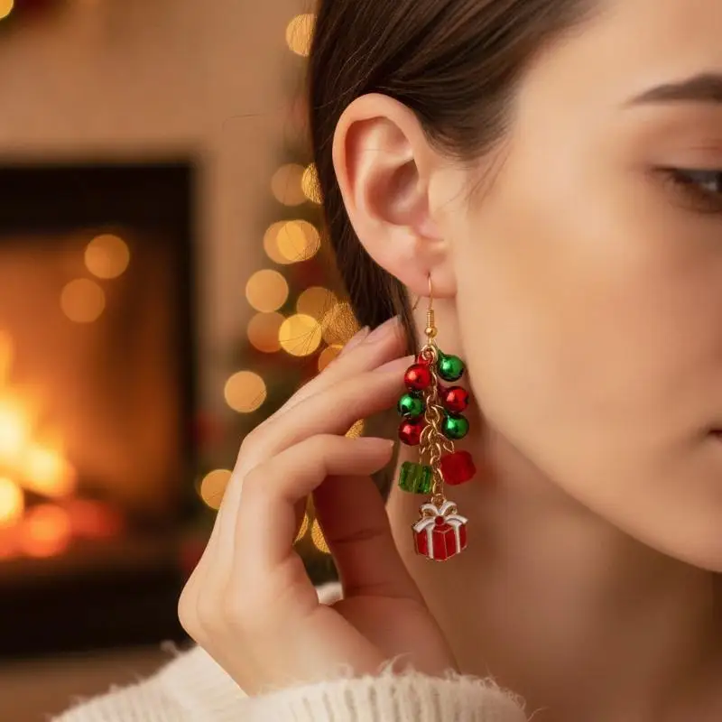 Women Asymmetrical Snowflake Long Dangle Earrings, Christmas Jewelry with Red Green Balls, Trendy Drop for Xmas Costume & Gift