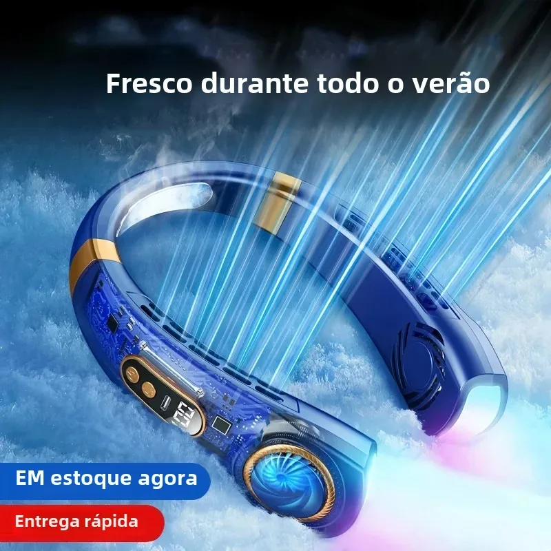 Ventilador de pescoço, ventilador portátil sem lâmina, bateria recarregável USB de 4000mAh, display LED, 360 °     Ventilador pessoal vestível de resfriamento, 3 velocidades