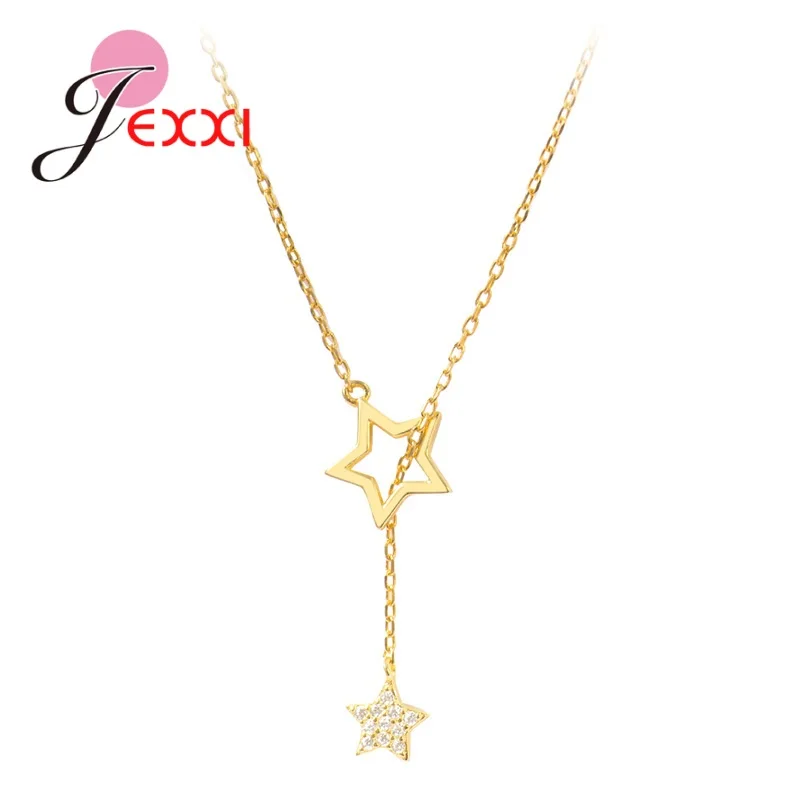 Real 925 Sterling Silver Five-pointed Star Pattern Necklace For Women Lucky Korean Style Jewelry Gift For Her 2 Colors Option