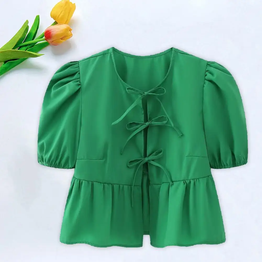 

Women Top Stylish Women's Lace-up Ruffle Hem Shirt Casual O-neck Puff Sleeve Top Solid Color Cropped Streetwear Trendy for Her