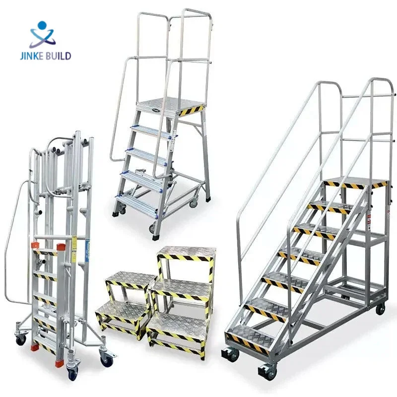 Mobile Aluminum Alloy Platform Step Ladder with Safety Handrails and Locking Casters Industrial Warehouse Access Ladder