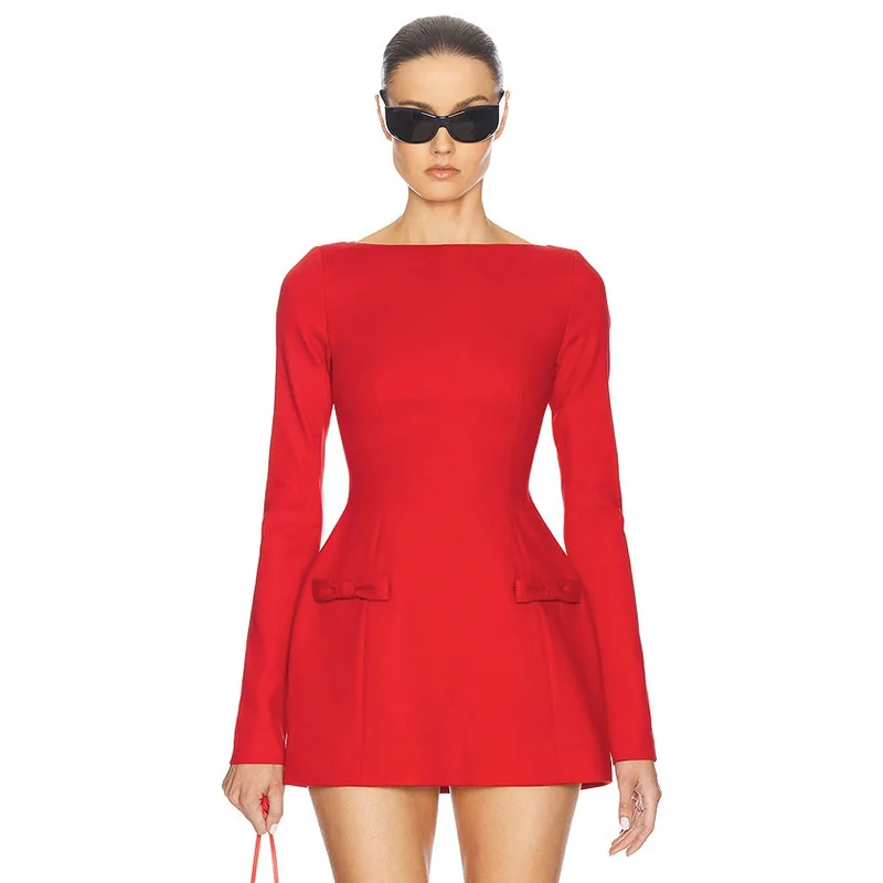 Women Bow Long Sleeve a Line Short Dress Female Elegant Slim Waist Mini Dress Autumn Party Street Wear Red/black Fashon Yuqung