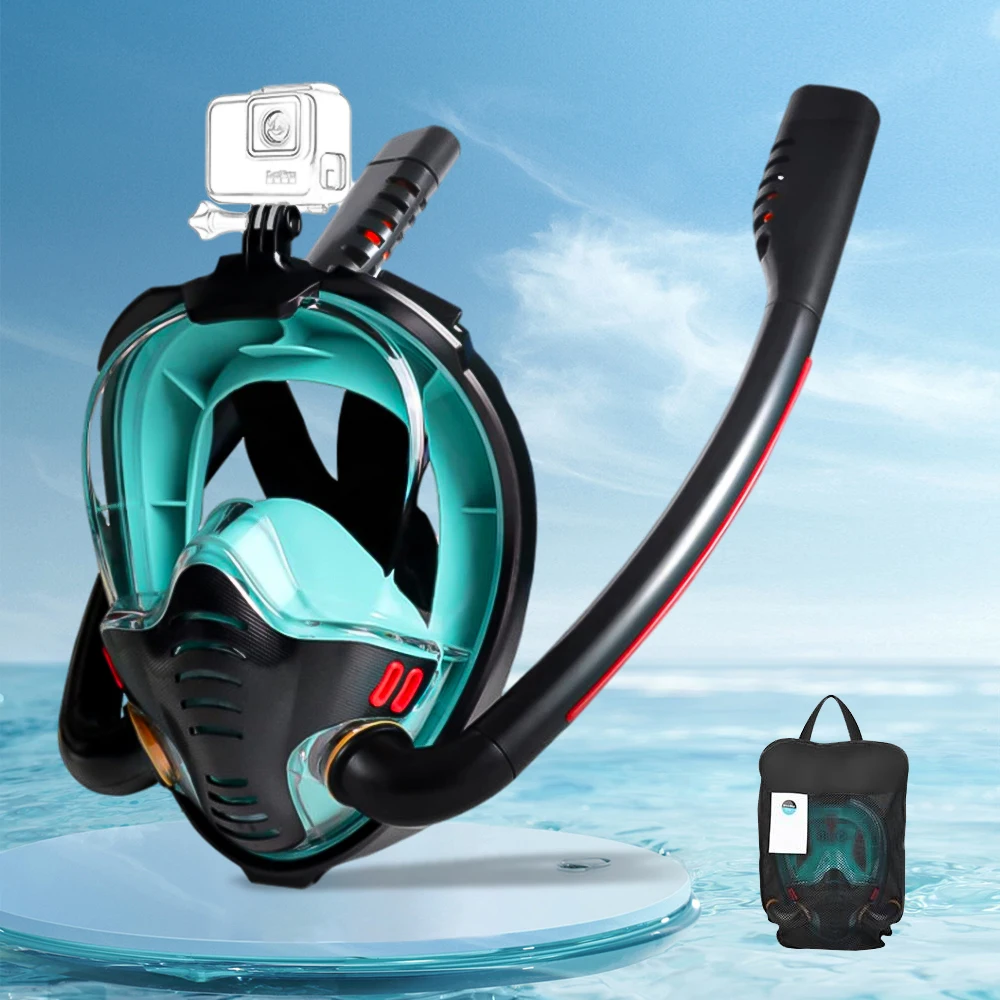 

Adult Full Face Snorkeling Mask Panoramic Double Hose Breathing Separate With Camera Mount Summer Swimming Silicone for Vacation