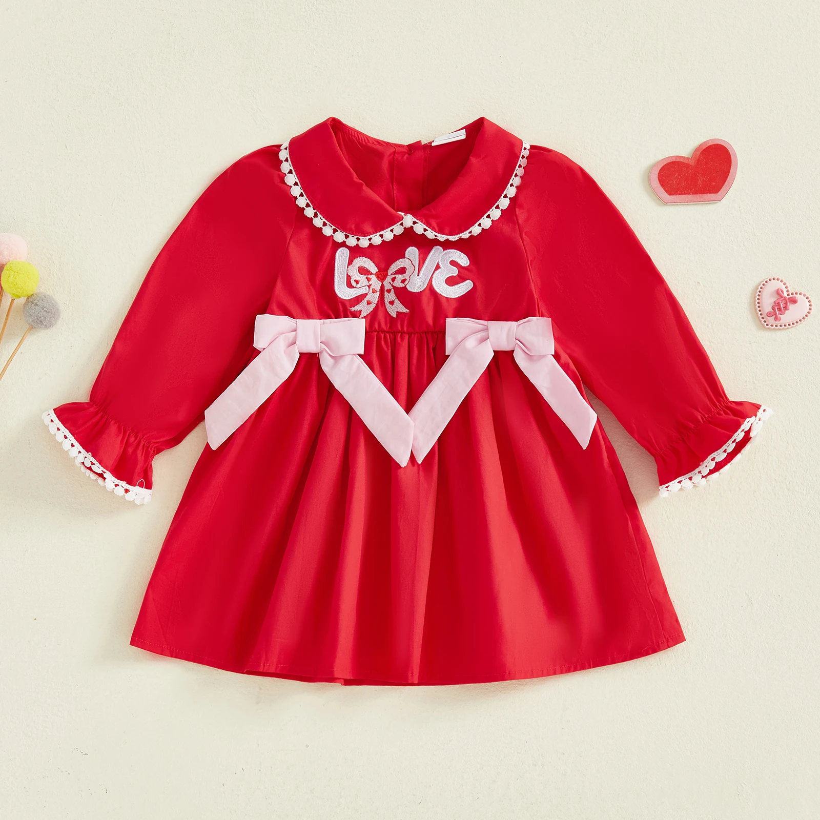 2026 Toddler Baby Girls Valentine's Day Dress Letter Bow Embroidered Long Sleeve Doll Collar A Line Casual Dress