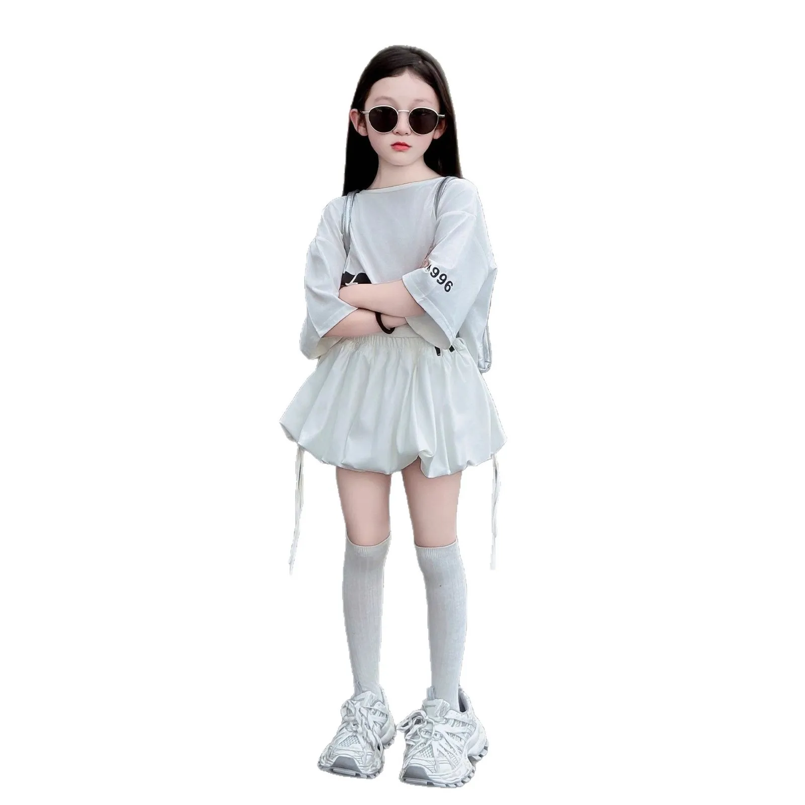 2026 summer girls Outfit Children set  t shirt crop top Simple Puff Sleeve Top & Bubble TUTU Skirt 2-Piece Outfit  4 10 12 year