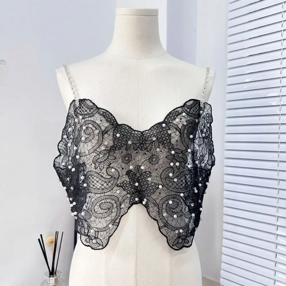 Fashion Mesh Beaded Diamond Camisole Embroidery Sexy Perspective Strap Tanks All-match Lace Outer Wear Camis Women