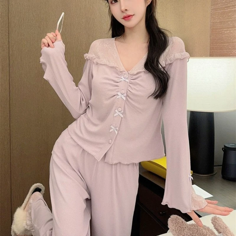 American style spicy girl retro sleepwear set with chest cushion spring and autumn sexy lace edge women's home suit set