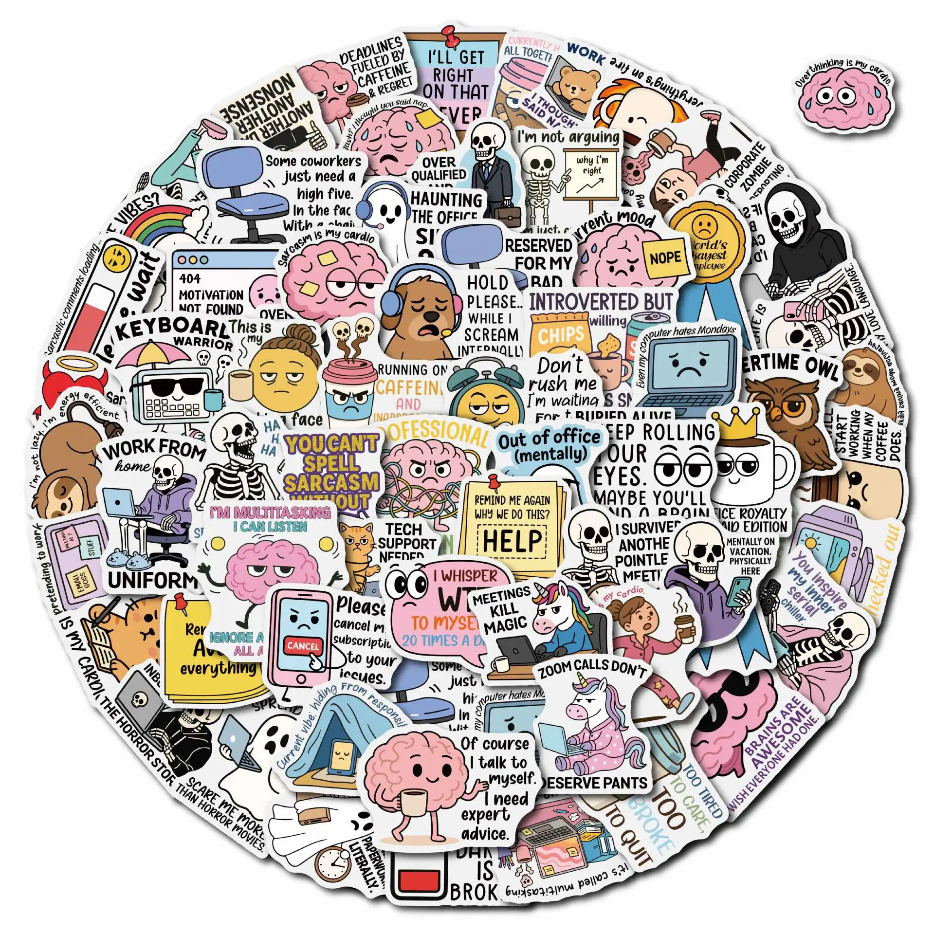 100PCS Cartoon Creative Office Stickers Funny Working English Phrase Stickers Aesthetic Waterproof Decals for Notebook Scrapbook