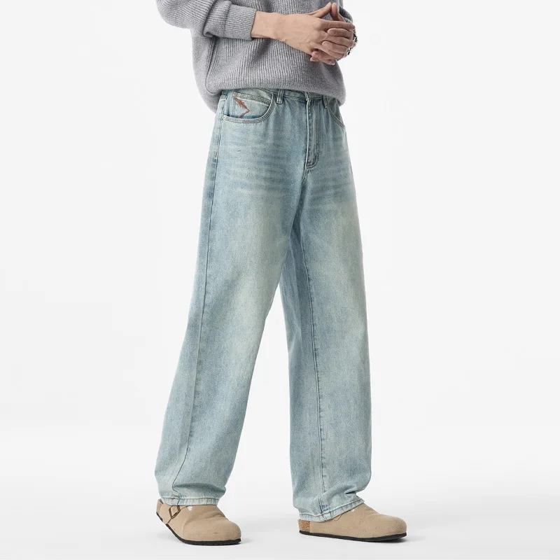 2026 New Men American High‑Street Light‑Blue Straight‑Leg Jeans Autumn Washed Vintage Loose Versatile Denim Pants