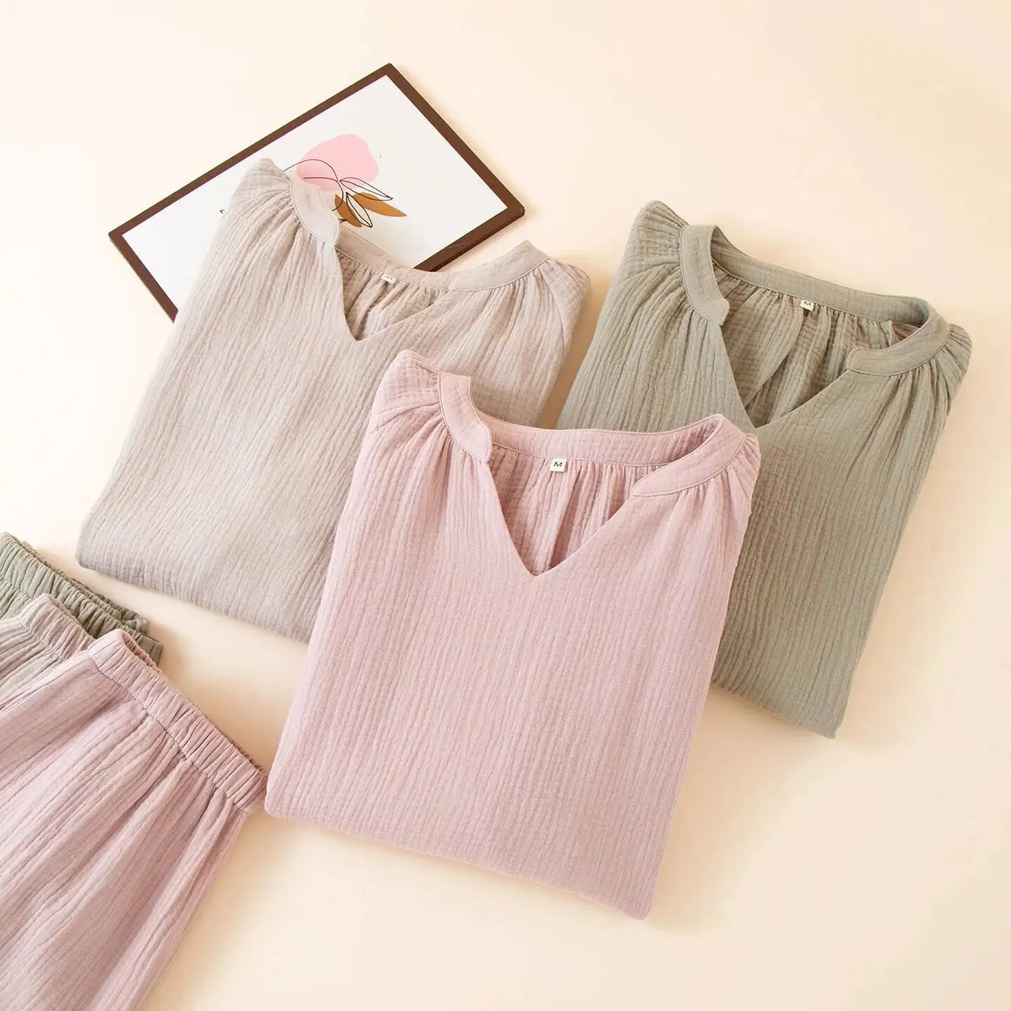 

Сплошной цвет, простой стиль, хлопковые пижамы, одежда на весну и осень, длинные брюки с тонкими рукавами, женские пижамы