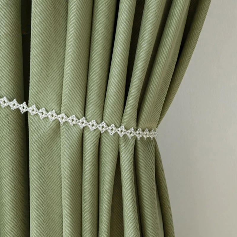 Nordic Herringbone Pattern Matcha Green Curtain Fabric Luxury Blackout Bedroom Living Room Bay Window Simple Velvet