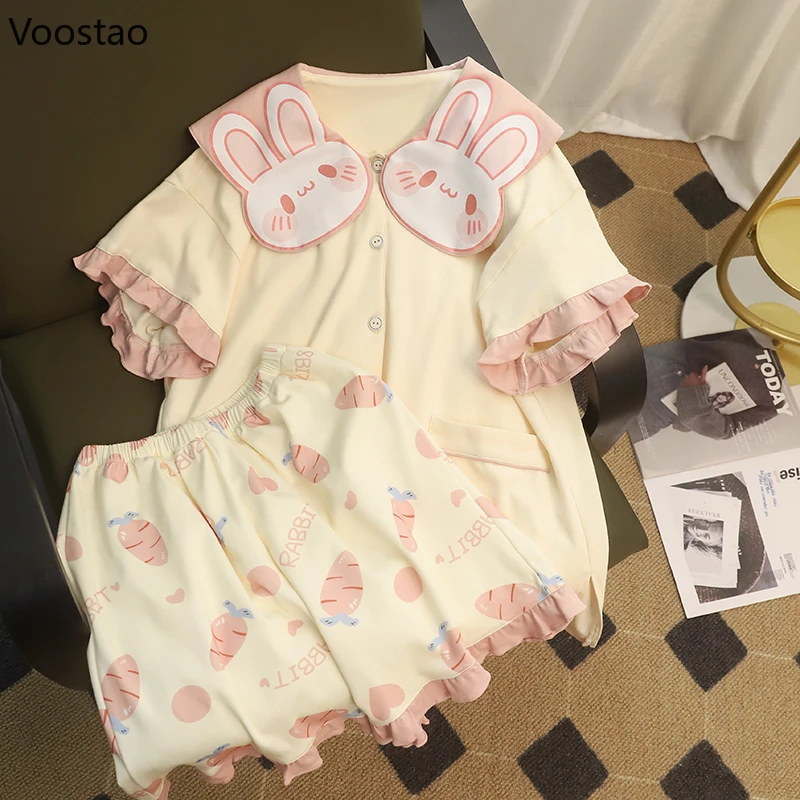 Sweet Lolita Princess Pajamas 2 Piece Sets Summer Women Cute Bunny Short Sleeve Tops Shorts Rabbit Sleepwear Female Chic Pyjamas