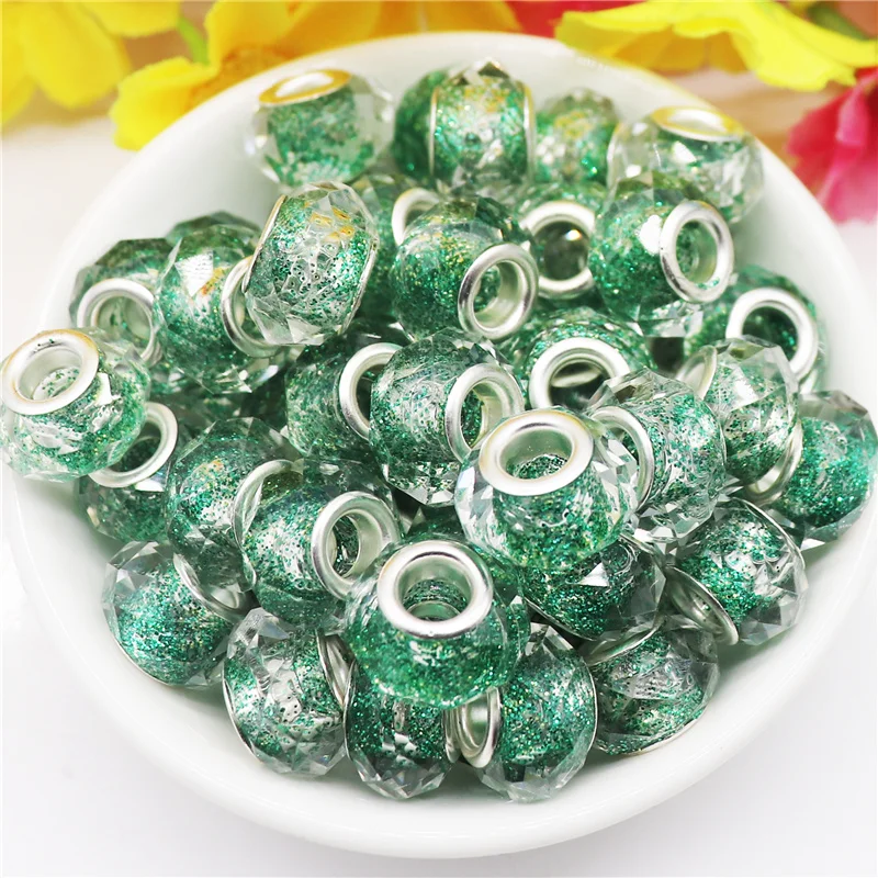 10Pcs 14x8mm Cut Facted Glass Beads Color Glitter Powder Large Hole Craft Beads Fit Pandora Bracelet DIY Jewelry Craft Making