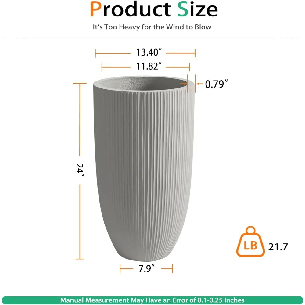 مزارعي خرسانة رمادية عمودية كبيرة للحدائق الخارجية والباحات والشرفات الأمامية - أوعية زهور طويلة بطول 24 بوصة للاستخدام الداخلي