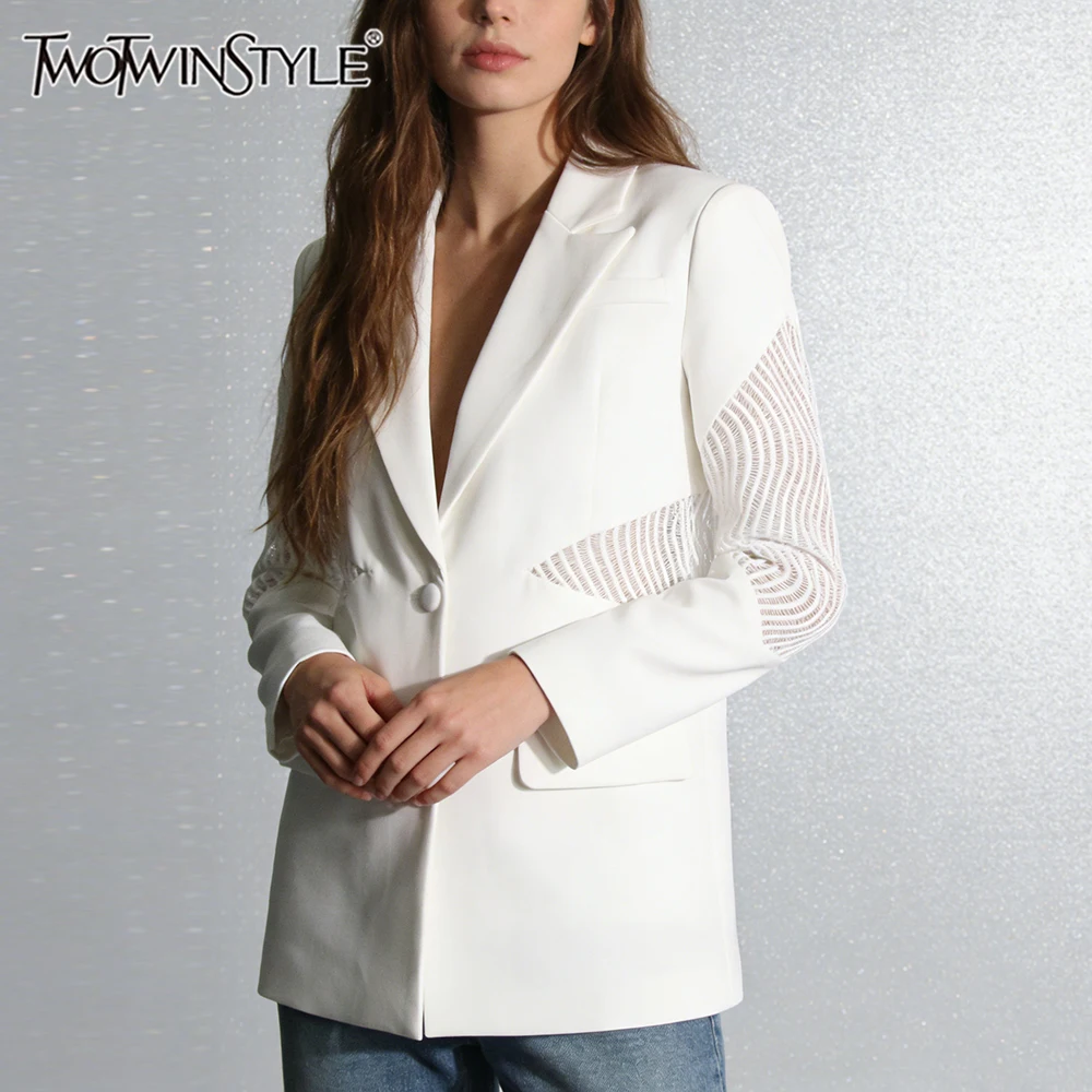 TWOTWINSTYLE Minimalist White Spliced Sheer Blazer for Women Single Breasted Design Mesh Sleeve Decoration for Stylish Outings