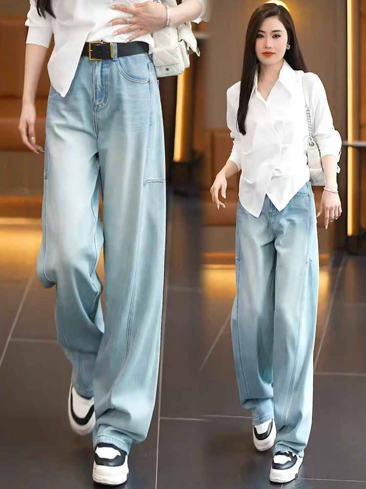 

High Waist Loose Fit Casual Banana Jeans Light Blue Women's Spring Autumn New Style Dreamy Elegant Commuter Style Zipper Pocket