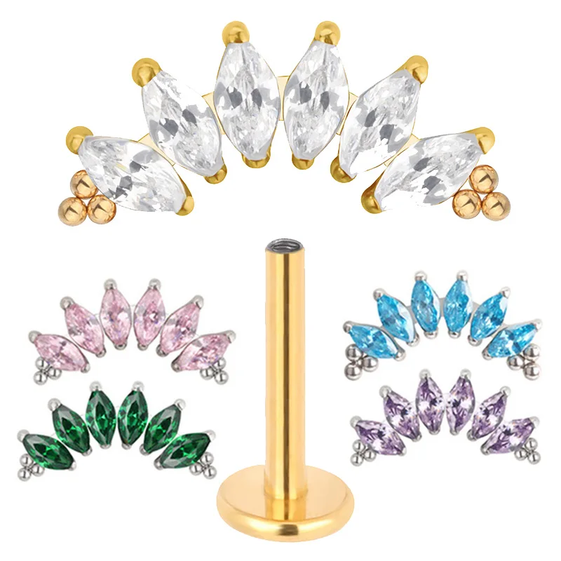 

G23 Titanium PIERC 6 Zircon Marquise With Tri-bead Cluster Threaded Top Ear Cartilage Earrings Lip Ring Stud Piercing Jewelry