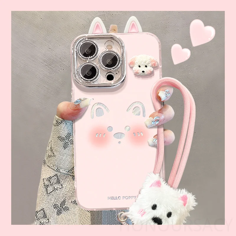 

Luxury CuteFeathered Veil Puppy Dog With Lanyard Phone Case For IPhone 11 12 13 14 15 16 17 Pro Max Plus Shockproof Cases Cover