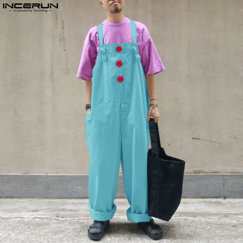 

INCERUN Men Jumpsuits Flower Decoration Oversize Sleeveless Straps Overalls Men Streetwear 2025 Fashion Wide Leg Rompers Pants