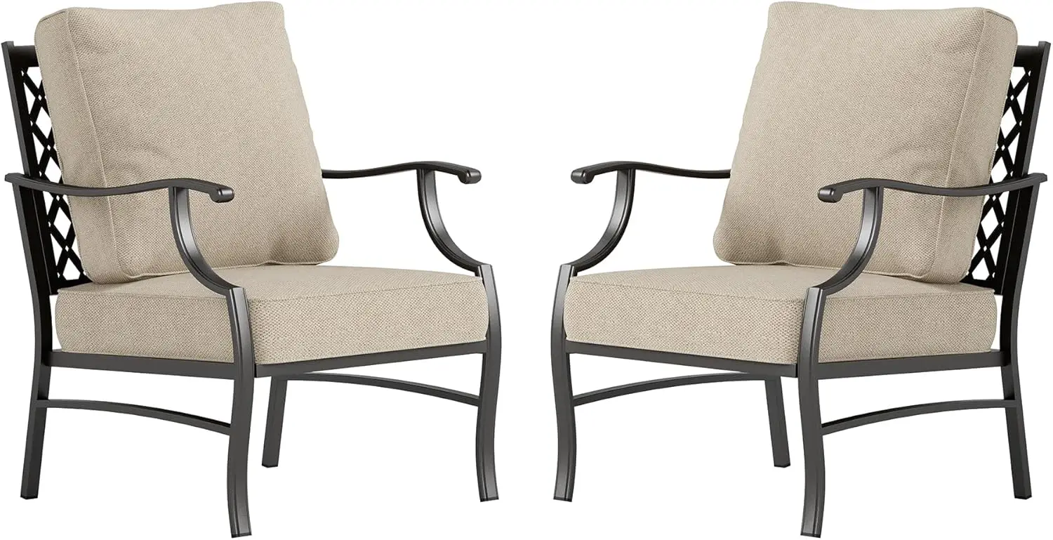 

Metal Patio Chairs Set of 2 with 5.75" Extra Thick Cushion, 2 Pieces High Back Outdoor Patio Chairs , Beige