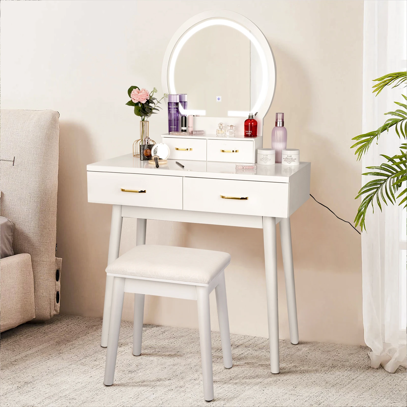 Vanity Desk with Lighted Mirror - 3 Color Lighting Modes Adjustable Brightness, 4 Drawers Makeup Table with Stool