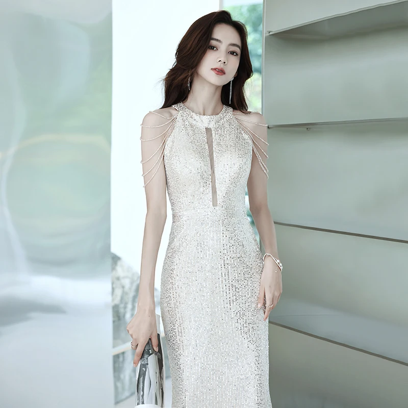 

Neline Evening Gown Sparkling Sequin Heavy Embelliment Sexy Mermaid Sle Long Skirt for Adult Ceremony Host Korean Sle