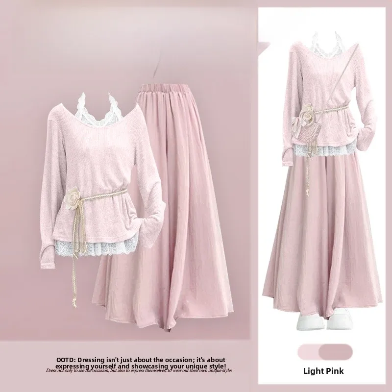 Korean Sle Dopane Anti-Aging Layered Design Top Bot Set Spring Season High Waist Wide Leg Casual Skirt Pants Two Pie...