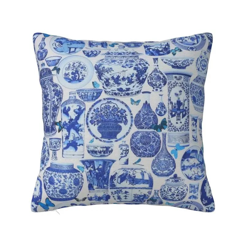 Modern Delft Blue Chinese Porcelain Vases Pattern Sofa Cushion Cover Polyester Antique Oriental Toile Pillow Case Home Decor