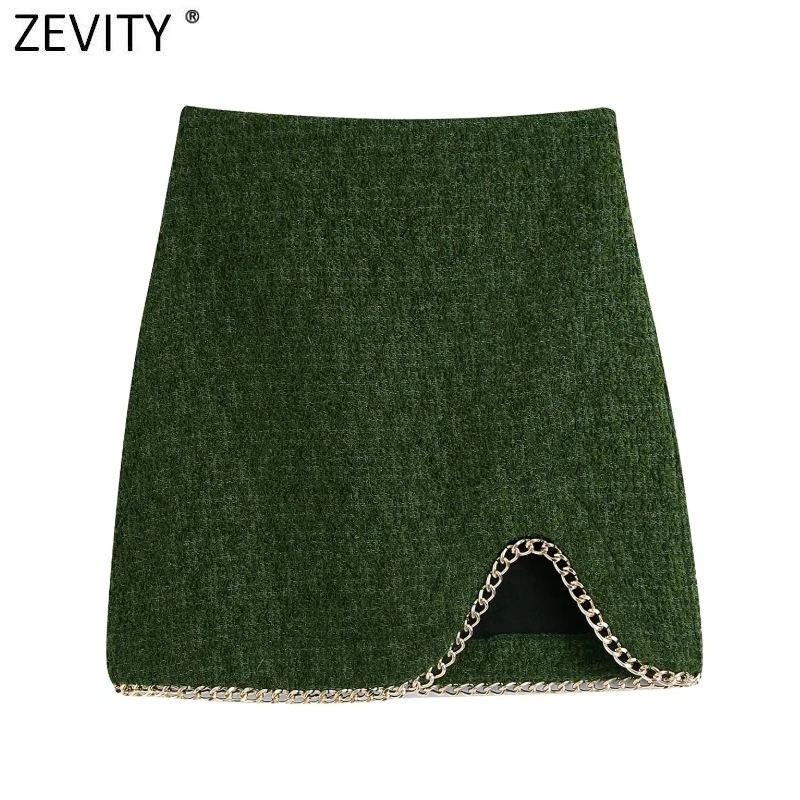 Zevity Women High Street Hem Chain Design Front Split Woolen Mini Skirt Faldas Mujer Ladies Back Zipper Chic Slim Vestido QUN949