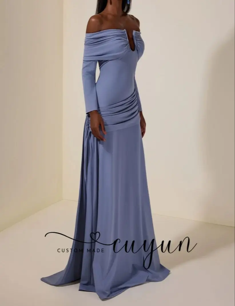 CUYUN Aangepaste Boothals Formele Avondjurken 3/4 Mouwen Geplooide Formele Etentje Jurk Bruiloft Gast Jurken 2026 Nieuwe