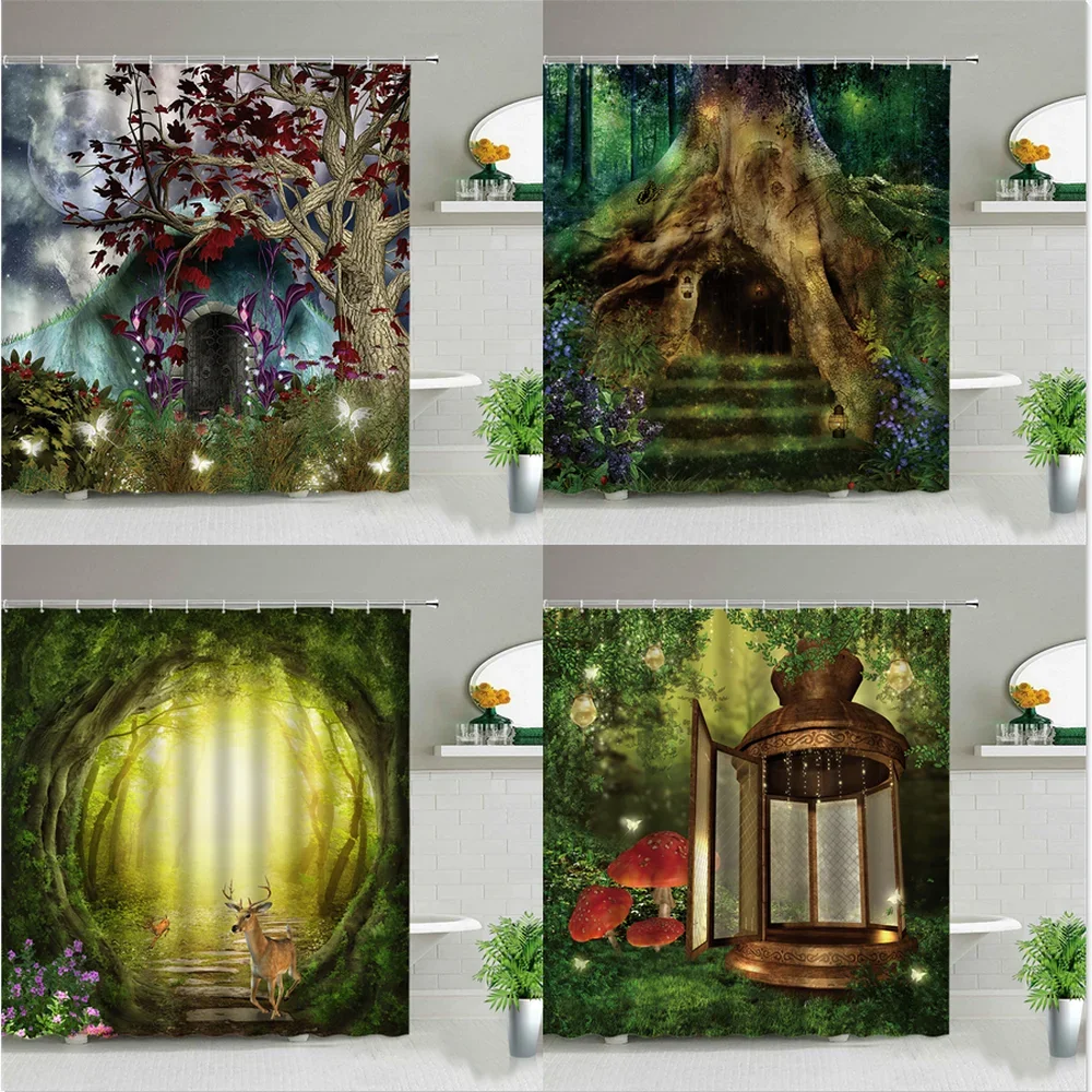 Red Maple Leaf Dream Cabin Elf Glowing Butterfly Shower curtains Fairy Forest Print Bathroom Curtain Background Wall Decor Cloth