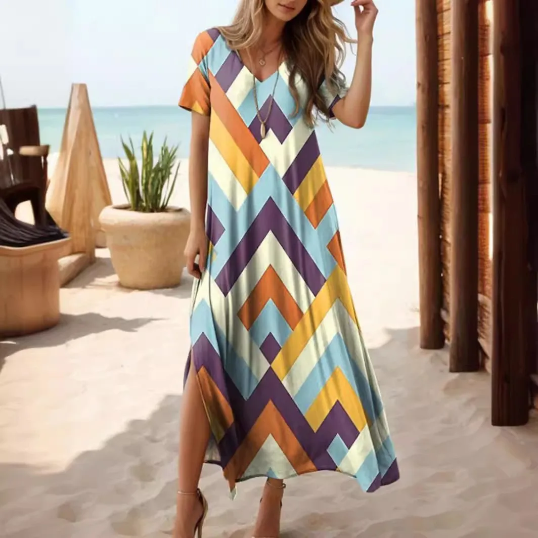 Chic เสื้อยืดสไตล์พิมพ์ Maxi ชุดผู้หญิงรอบคอแขนสั้นฤดูร้อนสบายๆ Vestidos